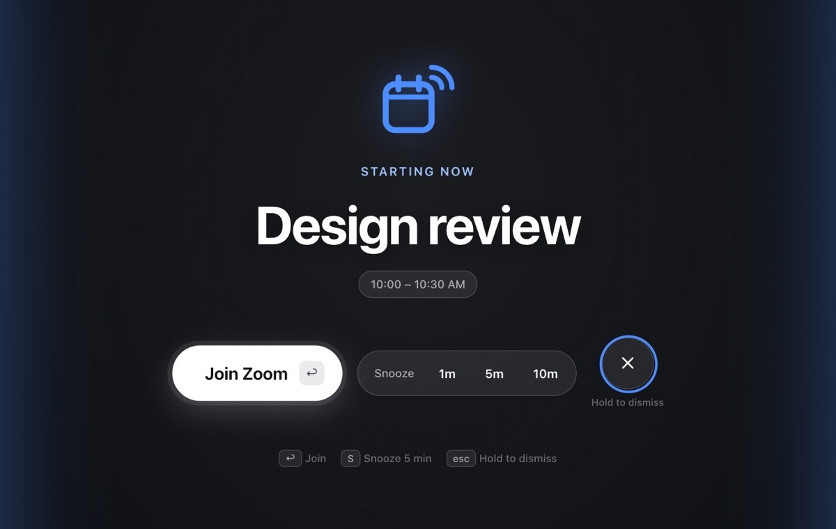 MeetChime's full-screen alert: a blue frosted screen saying 'Starting now: Design review', with Join Zoom, Snooze and Dismiss buttons